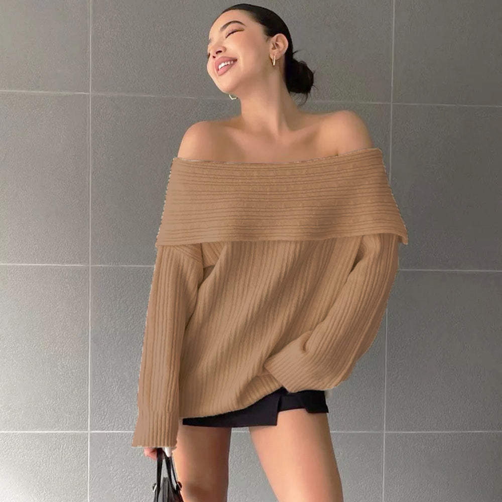 Damen Oversized Strickpullover mit schulterfreiem Design und feiner Rippstruktur Drune