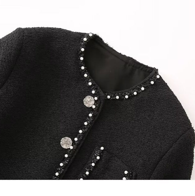 Damen elegante Jacke mit perlenverziertem Kragen und praktischen Taschen Drune