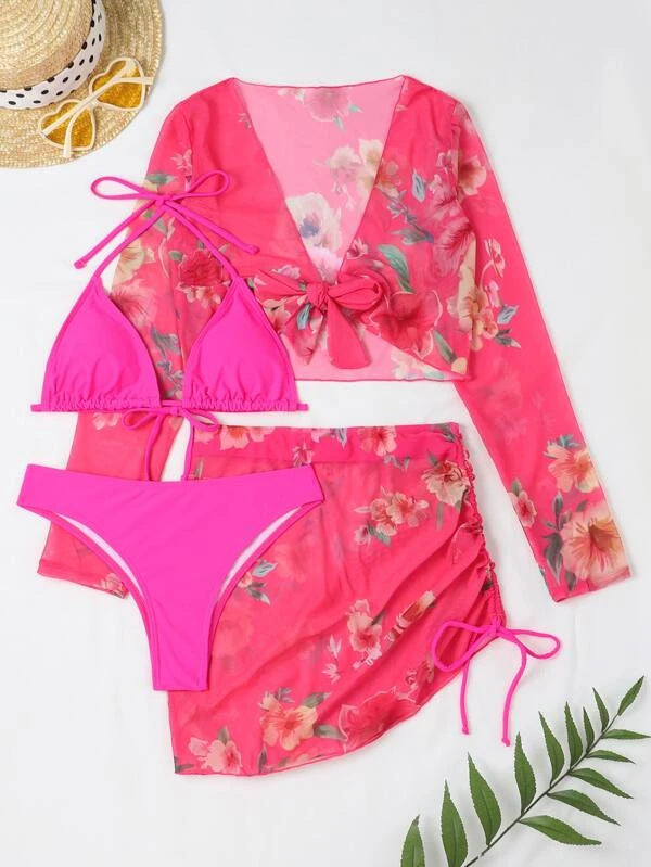 Damen Elegantes Badeoberteil mit floralem Design und Krawattenverschluss Drune