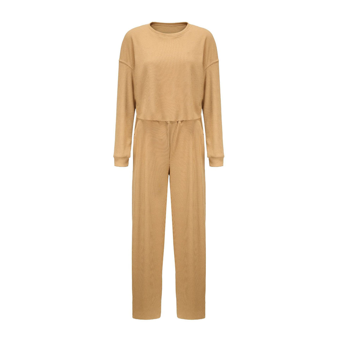 Damen kurz geschnittenes Waffelstrick-Lounge-Set mit hoch taillierter Palazzohose Drune