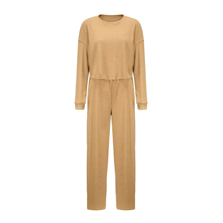 Damen kurz geschnittenes Waffelstrick-Lounge-Set mit hoch taillierter Palazzohose Drune