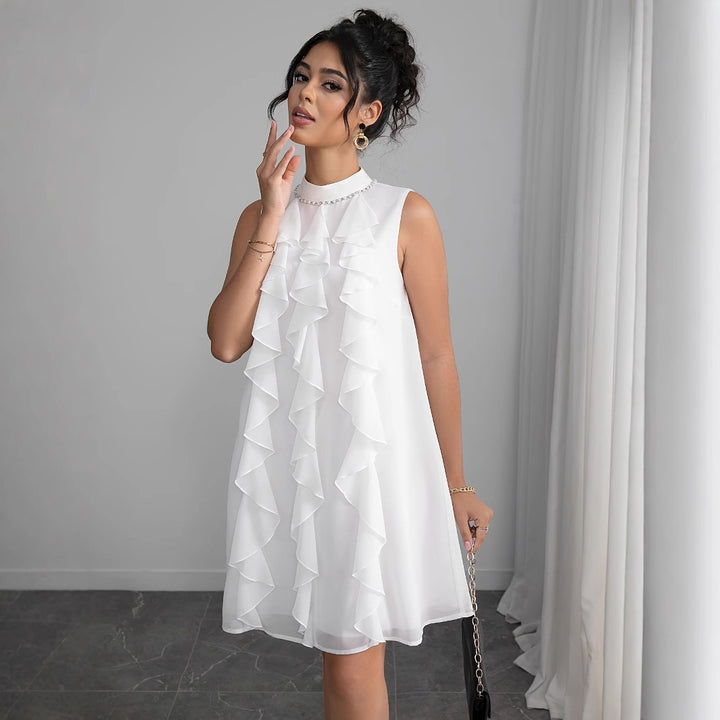 Damen Chiffon Kleid mit voluminösen Rüschendetails und elegantem Stehkragen Drune