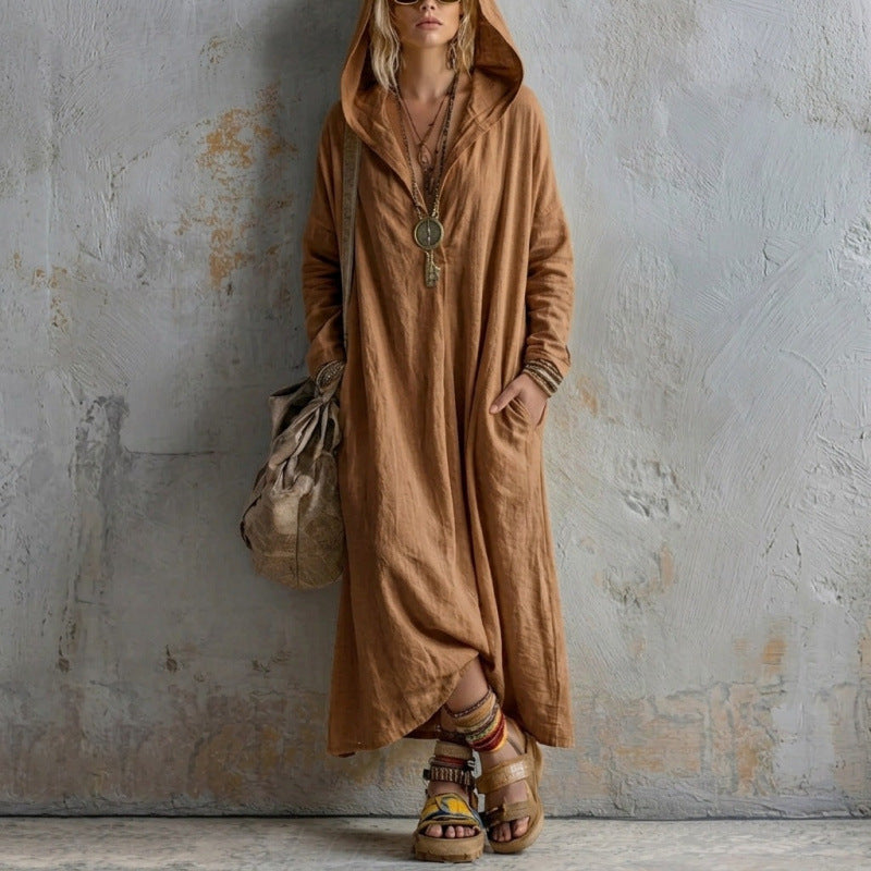 Damen Langes Kapuzenkleid im Boho-Look mit V-Ausschnitt, Eingrifftaschen und lockerem Fall Drune