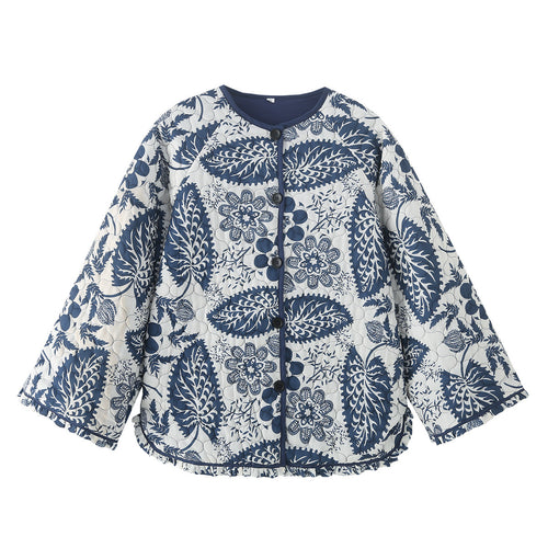 Damen nan gesteppte Steppjacke mit floralem Patchwork-Print, runder Knopfleiste und gerundetem Saum Drune