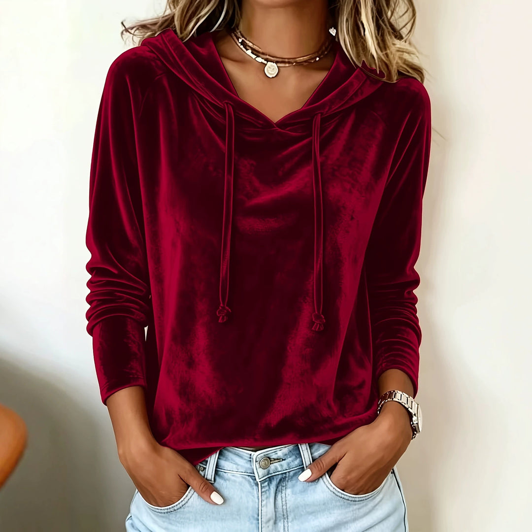 Damen Samt-Hoodie mit Kapuze Kordelzug und legerem Schnitt Drune
