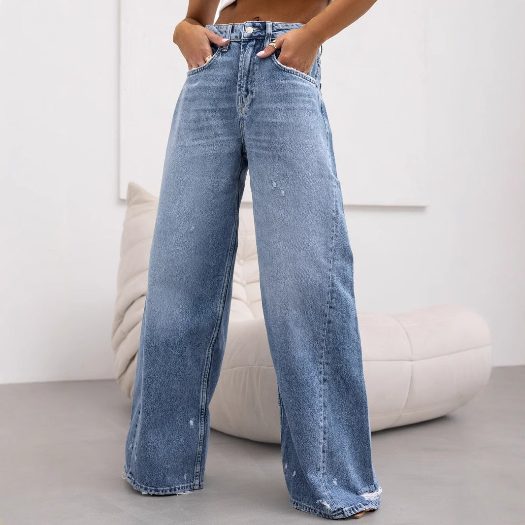 Damen weite High-Waist Jeans mit Distressed-Details Drune