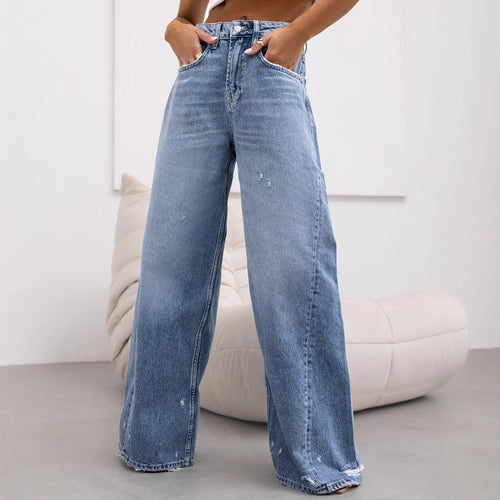 Damen weite High-Waist Jeans mit Distressed-Details Drune