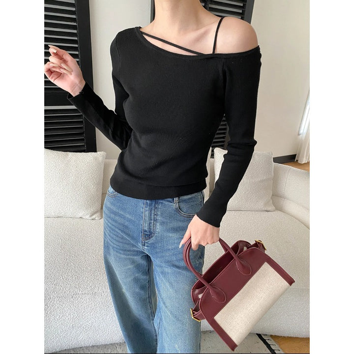 Damen elegantes Oberteil mit asymmetrischem Ausschnitt und feinen Rippdetails Drune