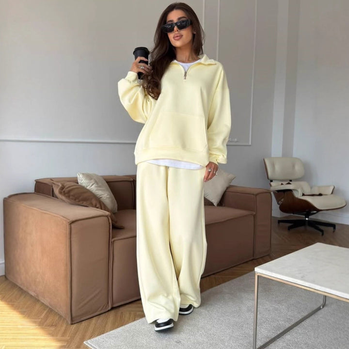 Damen Bequeme und elegante Langarm-Pullover mit Reißverschluss und weiten Jogginghose Drune