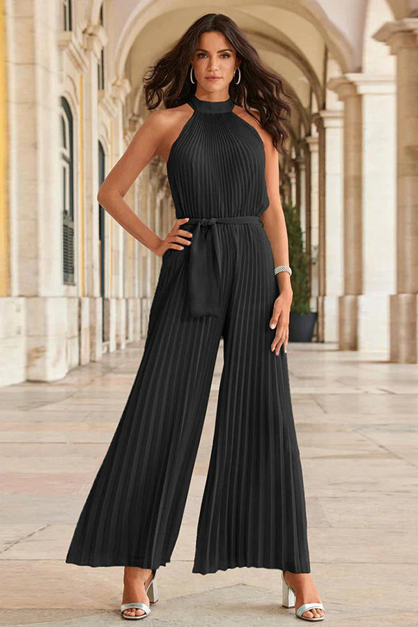 Damen Plissierter Ärmelloser Jumpsuit mit hohem Stehkragen, weitem Palazzo-Bein und Taillenschärpe Drune