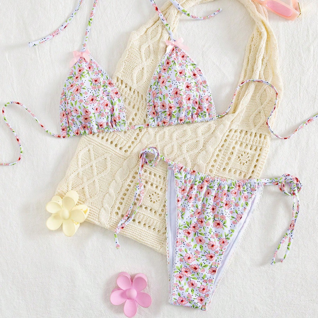 Damen Triangel-Bikini mit floralem Muster und vielseitigem Höschen Drune