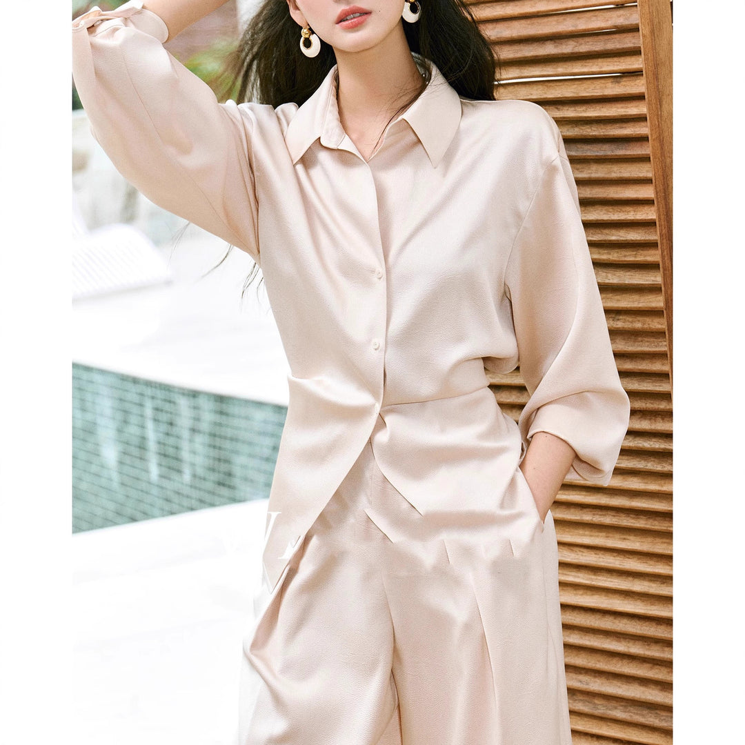 Damen Elegante Bluse mit schimmerndem Finish und Taillengürtel Drune
