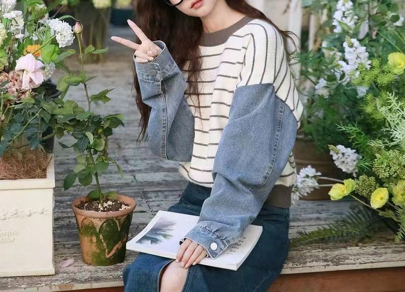 Damen modischer Sweater mit Denim-Ärmeln Drune