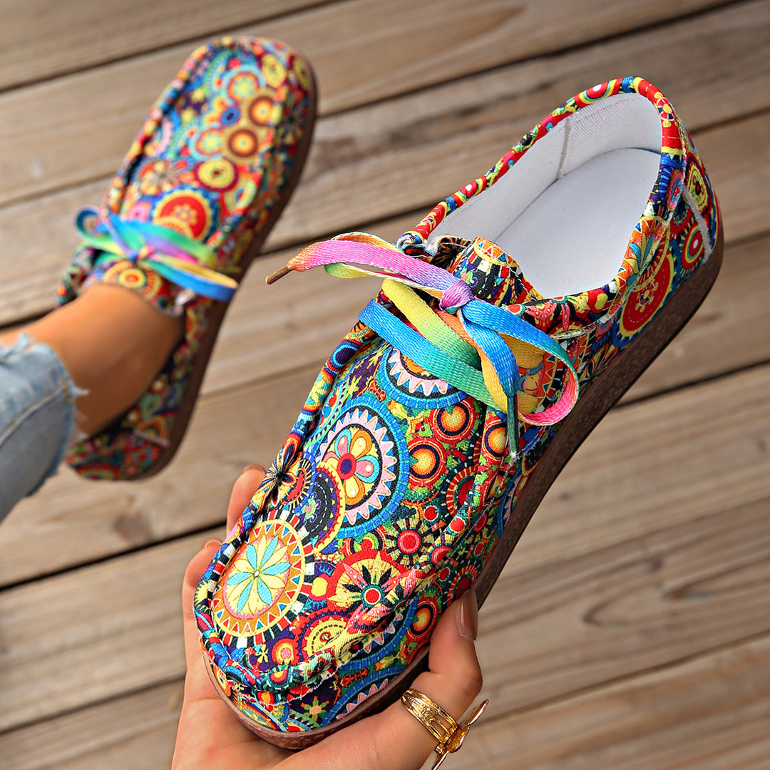 Damen Bequeme Plateau-Slipper im Ethno‑Print mit Korkoptik‑Sohle Drune