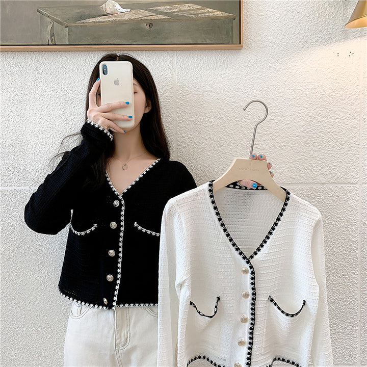 Damen modische Strickjacke mit kontrastierenden Details und Knopfleiste Drune