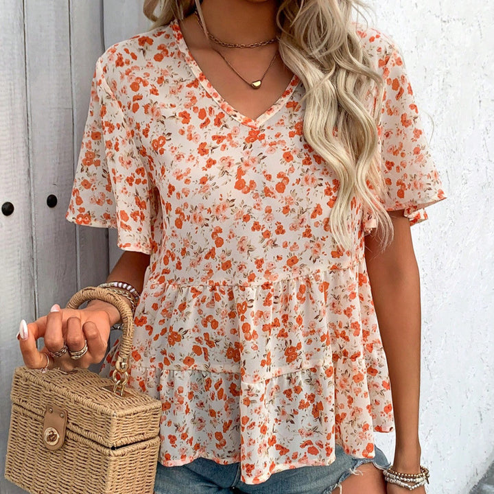 Damen Bluse mit Rüschenschnitt und floralem Muster Drune