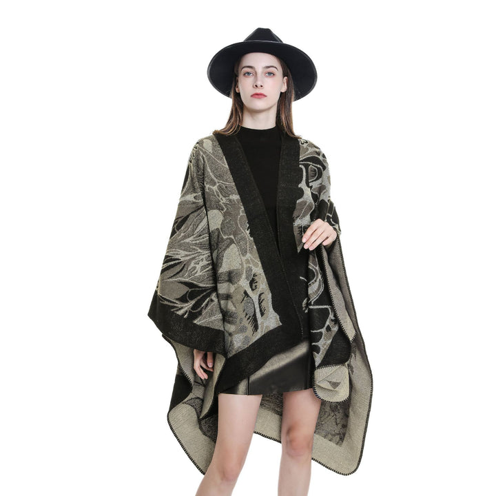 Damen Wollmix‑Jacquard‑Umhang mit offener Kimono‑Silhouette Drune