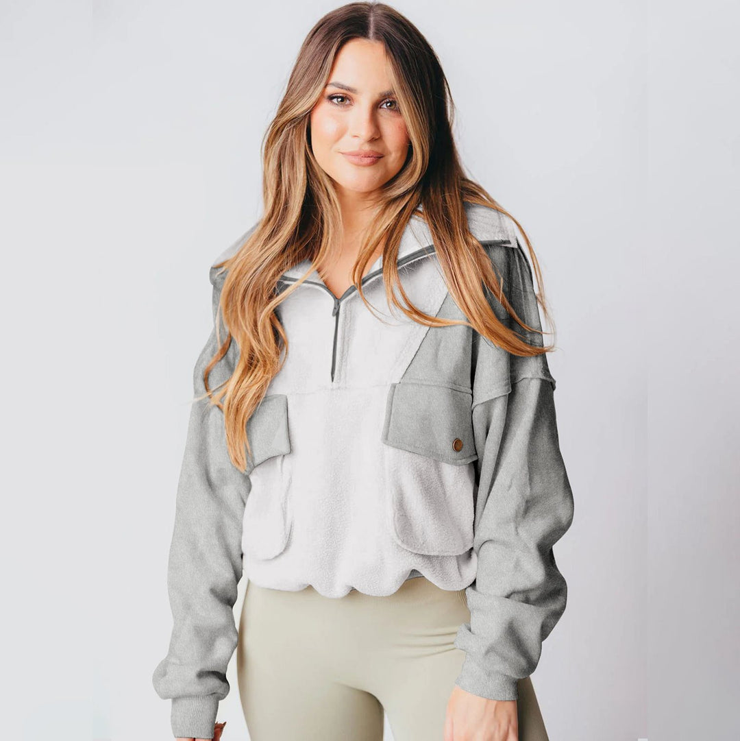 Damen lässiger Fleece-Pullover mit praktischen Tasche und hohem Kragen Drune