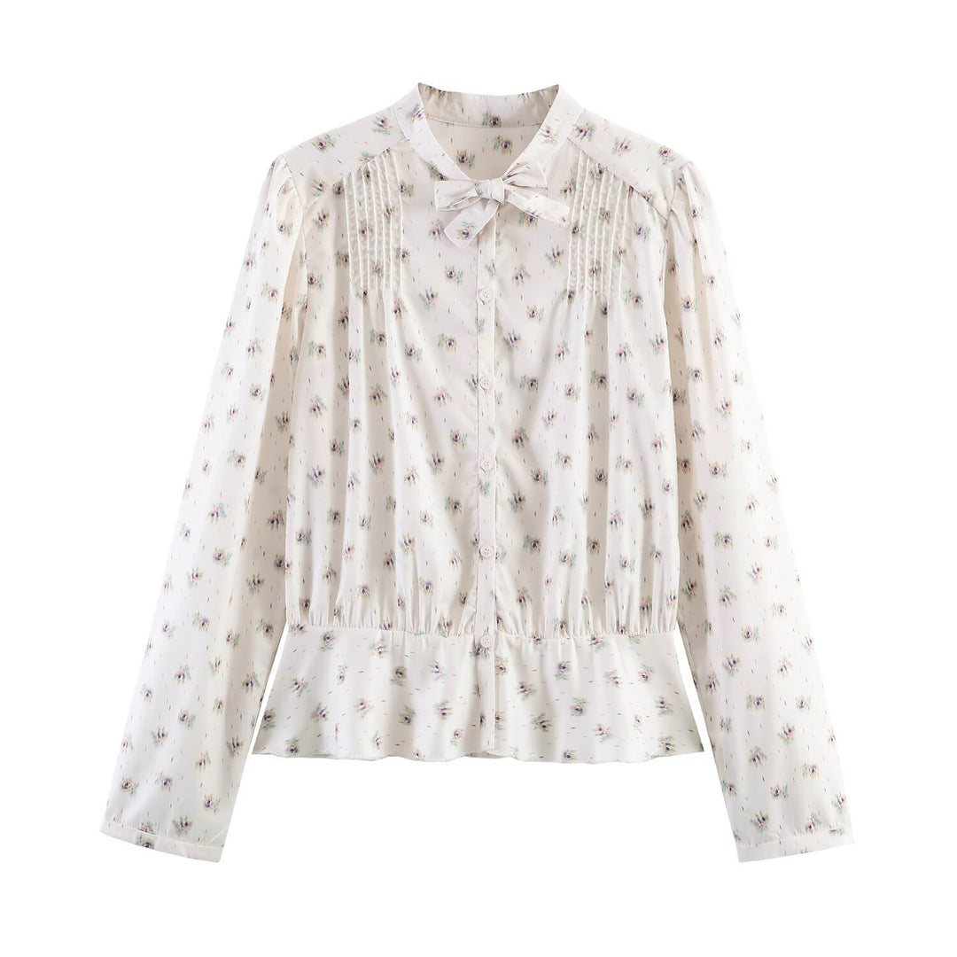 Damen Chiffon-Bluse mit Schleifenkragen, Brustpintucks und Schößchen Drune