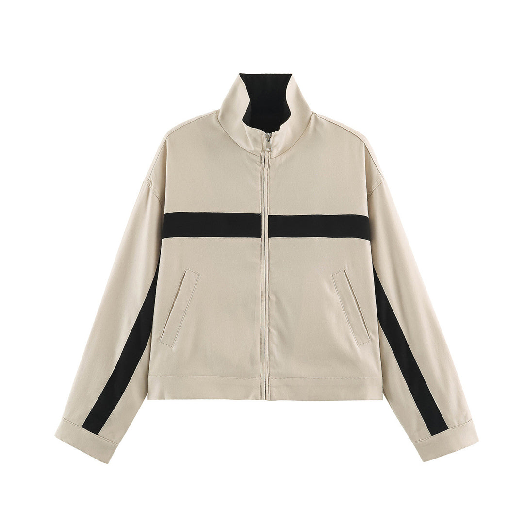 Damen Cropped Boxy-Trackjacke mit Stehkragen und Kontraststreifen Drune