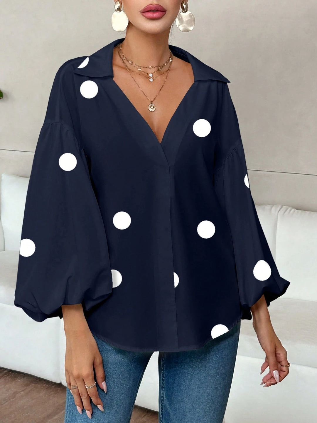 Damen Oversize-Bluse mit voluminösen Puffärmeln und Punktmuster Drune