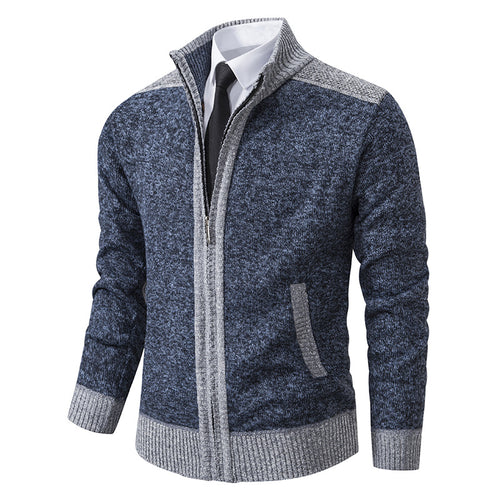 Herren Strickjacke mit Reißverschluss, Stehkragen und kontrastbesetzten Schultern Drune