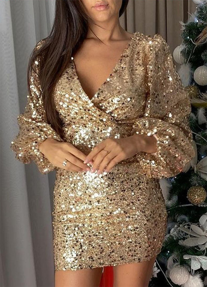 Damen Pailletten Kleid mit V-Ausschnitt und Puffärmeln Drune
