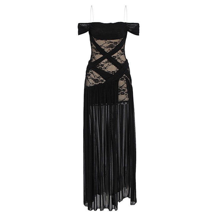 Damen Elegantes Spitzenkleid mit tiefem Schlitz und trägerlosem Schnitt Drune
