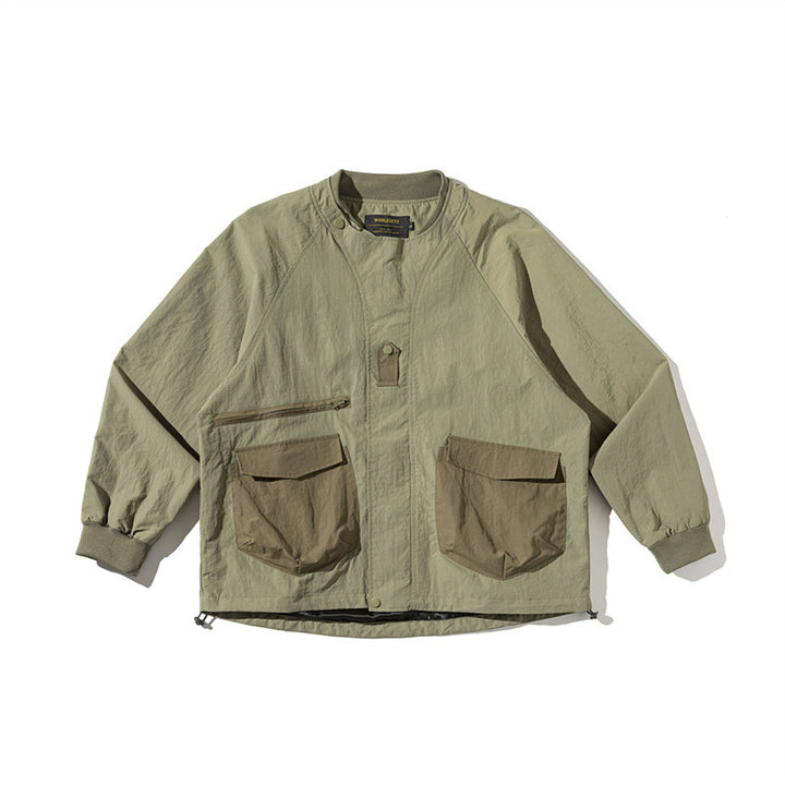 Unisex Leichte Boxy-Fieldjacke ohne Kragen mit Raglanärmeln, aufgesetzten Klappentaschen und Kordelzug Drune