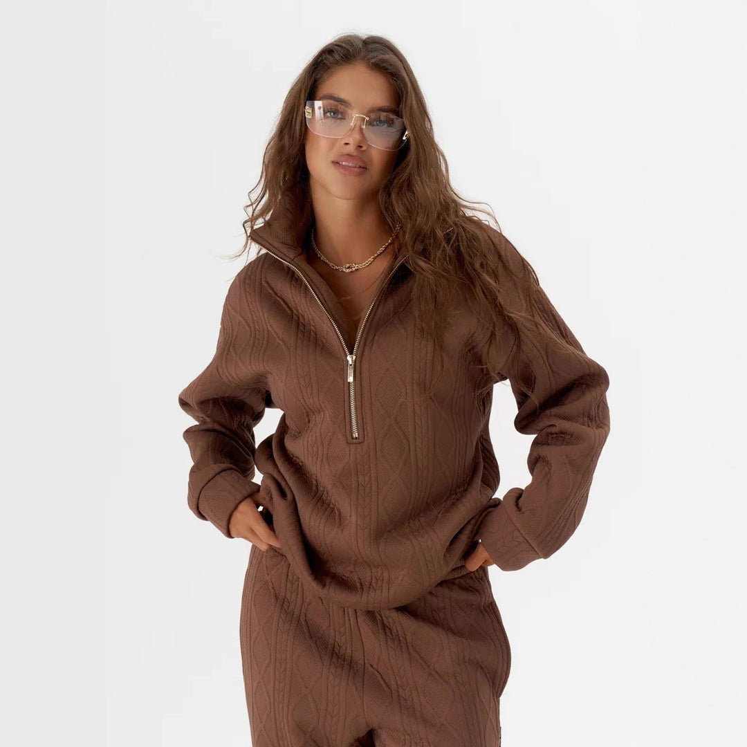 Damen Zopfstrick-Lounge-Set mit halbem Reißverschluss und hochtaillierter Jogginghose Drune
