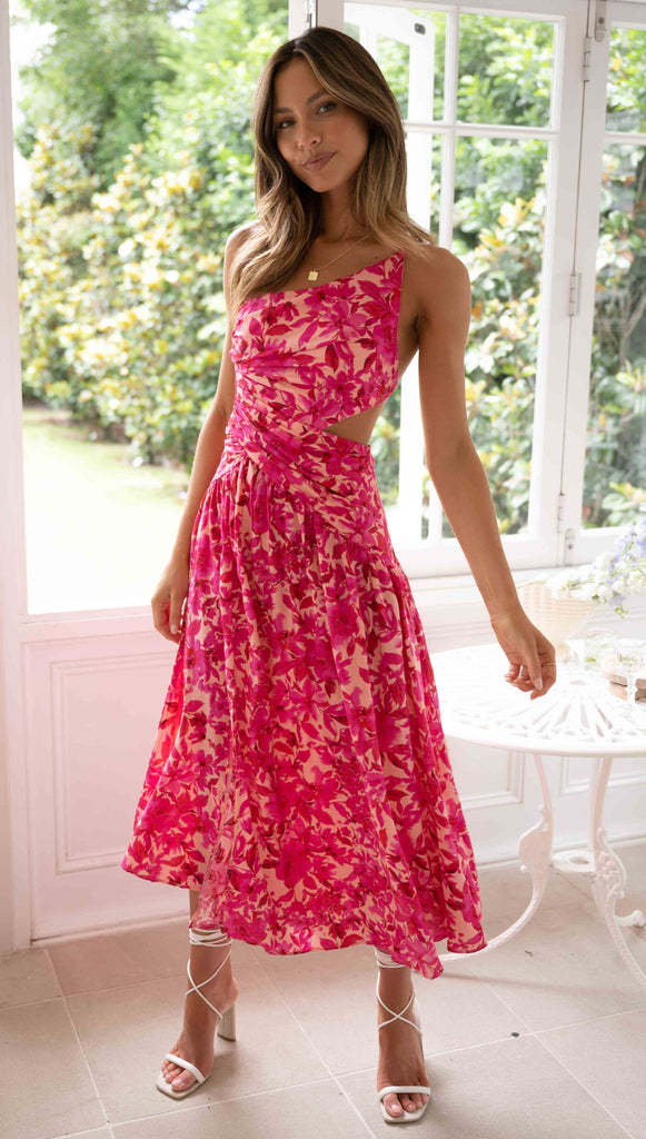 Damen Cut-Out Maxikleid mit asymmetrischem Ausschnitt und fließendem Rock Drune