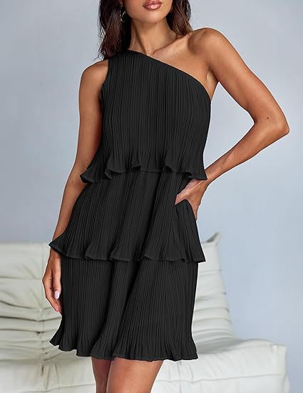 Damen Ärmelloses plissiertes Stufenkleid mit asymmetrischer Schulterpartie Drune