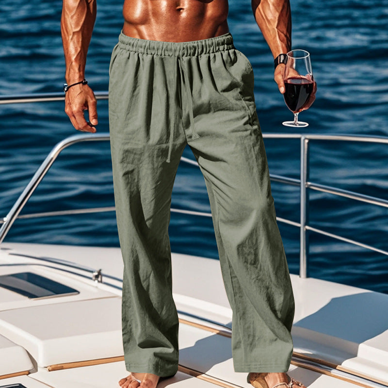 Herren nan weite Leinen-Loungehose mit elastischem Tunnelzugbund, Kordelzug und geradem Bein Drune
