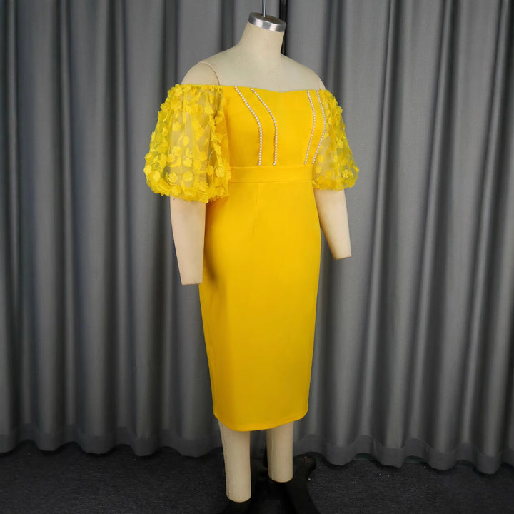 Damen figurbetontes Kleid mit verzierten Puffärmeln und Perlenakzenten Drune