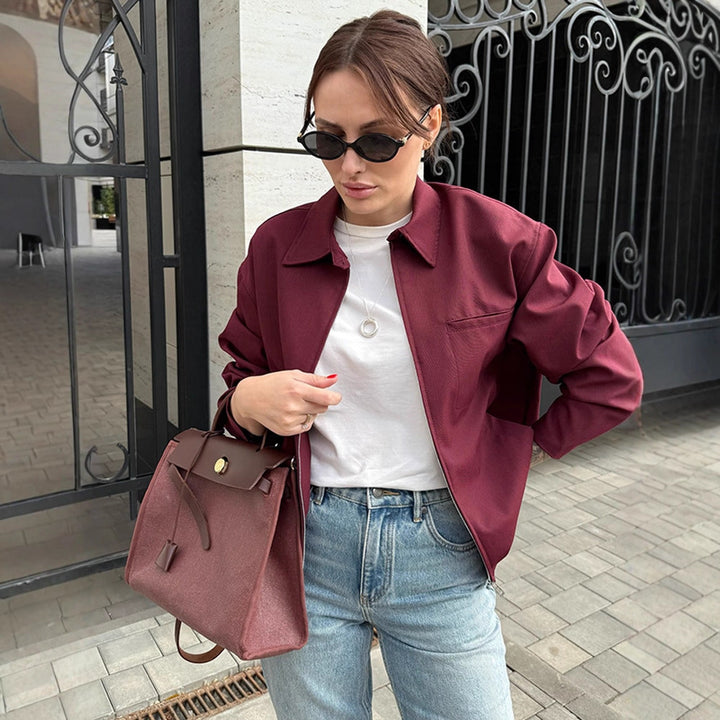 Damen Leichte Twill-Übergangsjacke mit Hemdkragen, verdecktem Reißverschluss und kastiger Silhouette Drune