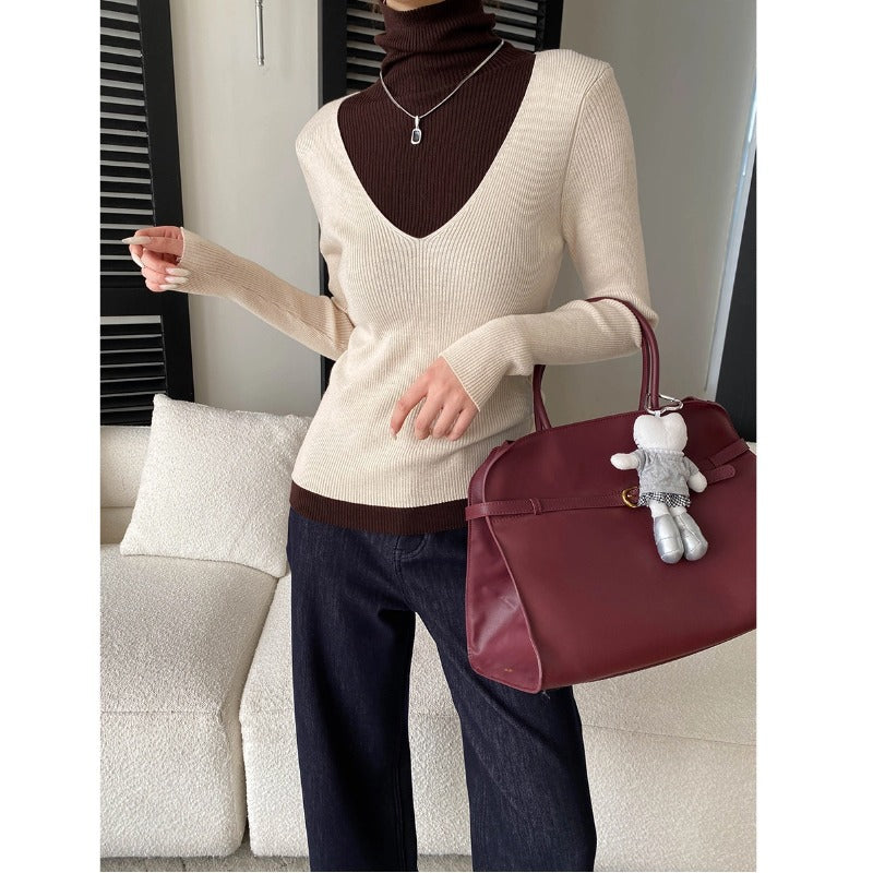 Damen figurbetontes V-Ausschnitt Pullover aus feinem Rippstrick Drune