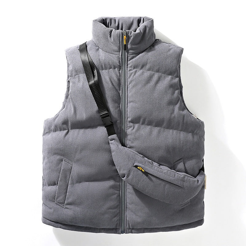 Herren Gesteppte Cord-Ärmellose Thermoweste mit Stehkragen und integrierter Crossbody-Tasche Drune