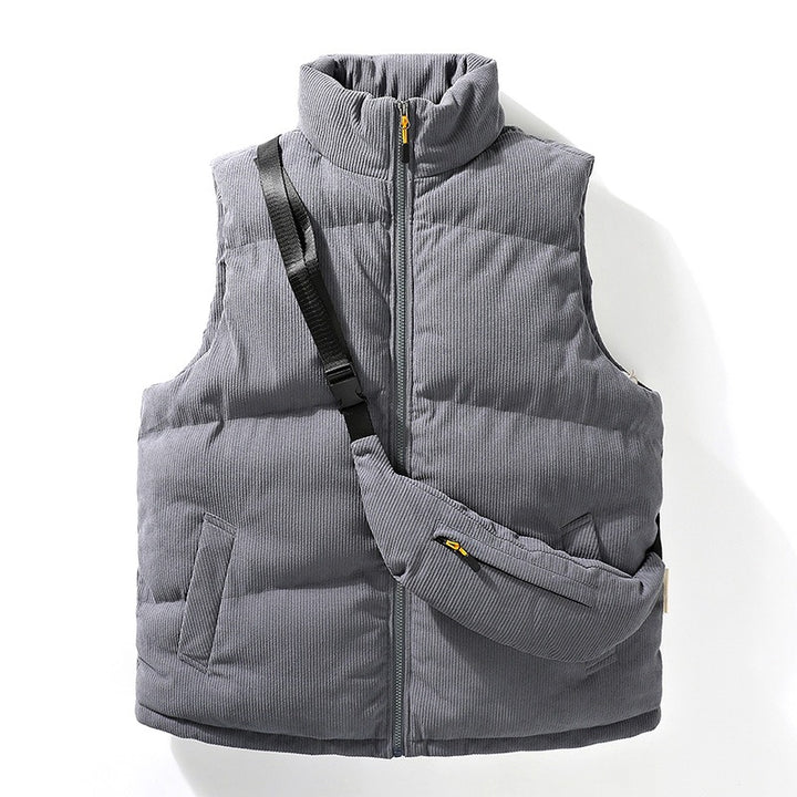 Herren Gesteppte Cord-Ärmellose Thermoweste mit Stehkragen und integrierter Crossbody-Tasche Drune