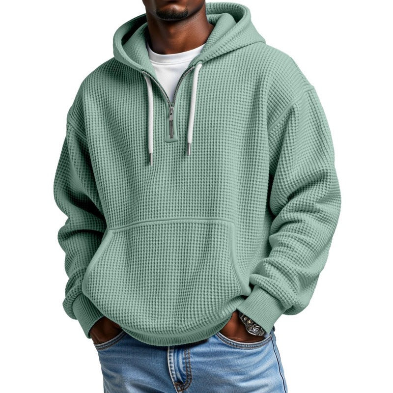 Herren Waffelstrick Halfzip-Kapuzenpullover mit Kängurutasche Drune