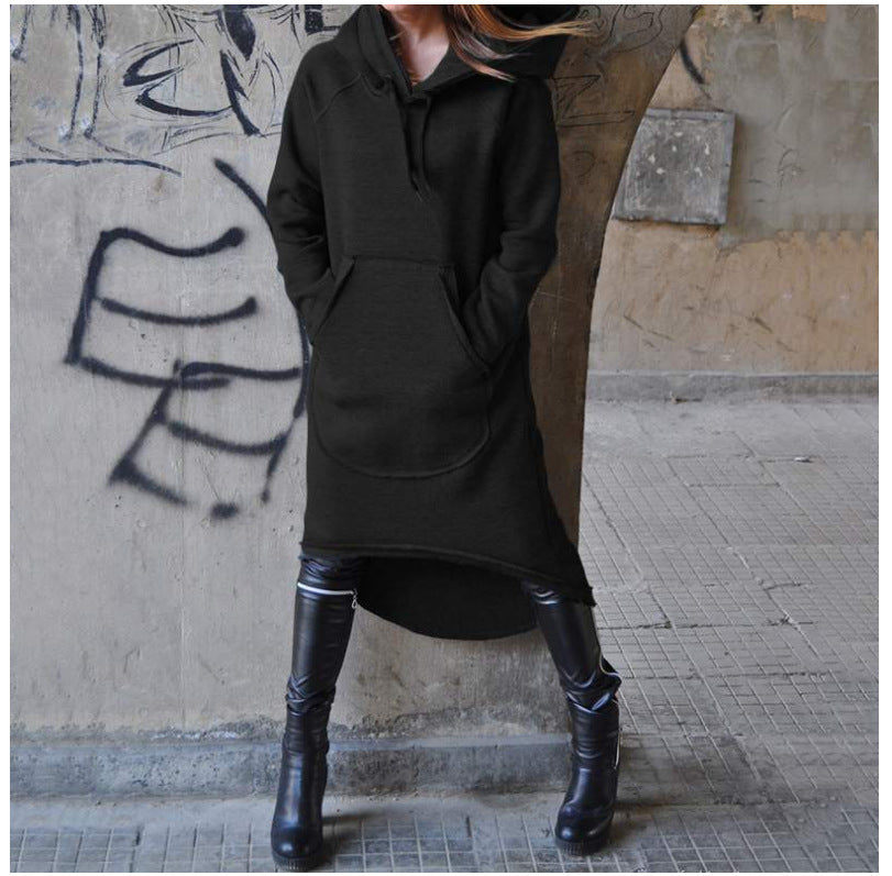 Damen nan Oversize Kapuzenkleid mit hohem Rückensaum, Kängurutasche und lässigem Streetstyle-Schnitt Drune