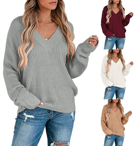 Damen Grobstrickpullover mit tiefem V-Ausschnitt und legeren Ärmeln Drune