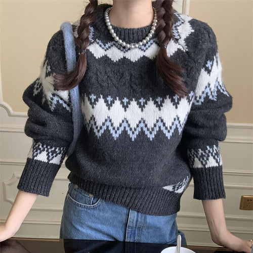 Damen gemusterter Strickpullover mit Rundhalsausschnitt und Komfortschnitt Drune