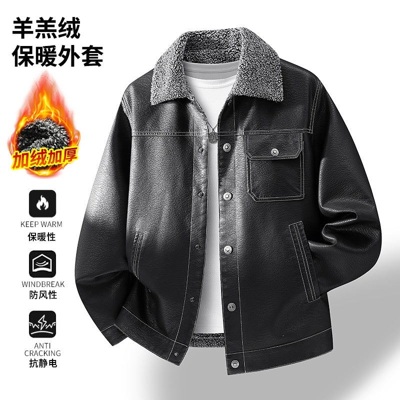 Herren Lässige Kunstlederjacke mit Teddykragen Drune