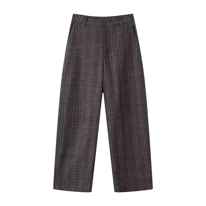 Damen nan hochtaillierte Glencheckweite Hose mit Bügelfalte und geradem Bein Drune