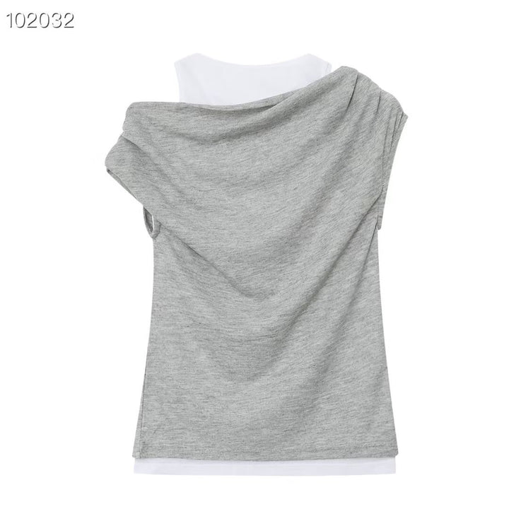 Damen lässiges Overlay T-Shirt mit asymmetrischem Schnitt und eleganten Falten Drune