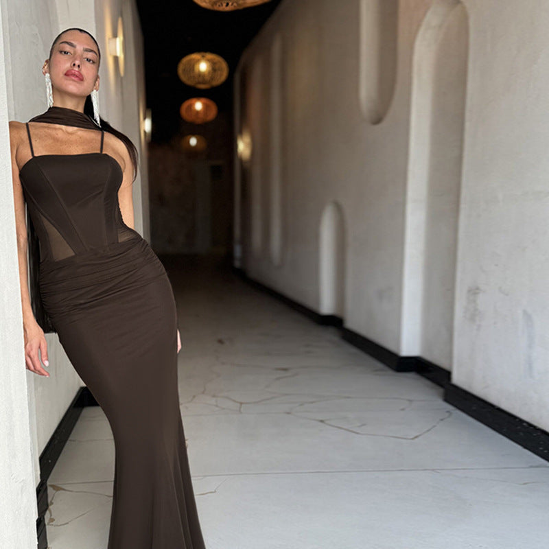 Damen elegantes figurbetontes Maxikleid mit transparenten Einsätzen und stylishem Stehkragen Drune
