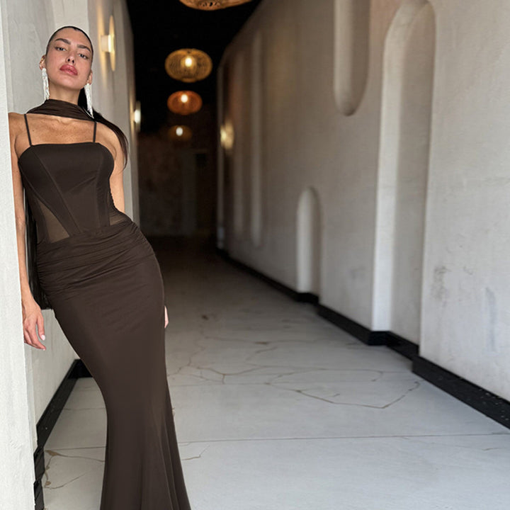 Damen elegantes figurbetontes Maxikleid mit transparenten Einsätzen und stylishem Stehkragen Drune