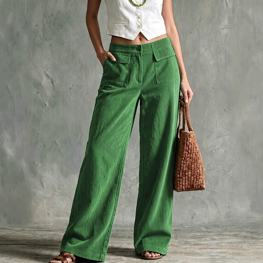 Damen Weite Cord-Palazzohose mit hoher Taille und aufgesetzten Pattentaschen Drune