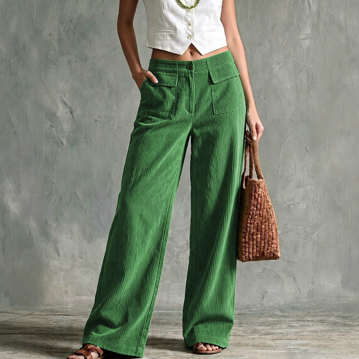 Damen Weite Cord-Palazzohose mit hoher Taille und aufgesetzten Pattentaschen Drune