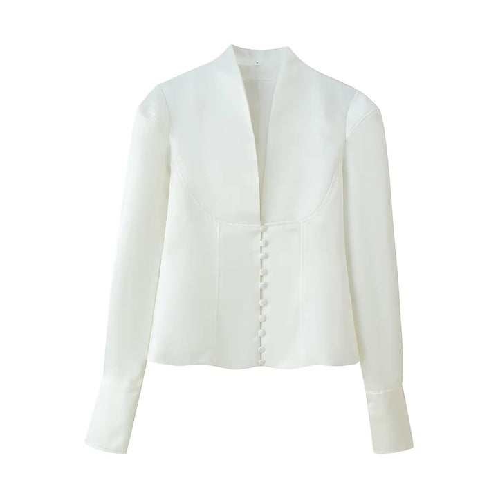 Damen nan taillierte Bluse mit verdeckter Knopfleiste, Wiener Nähten und elegantem V‑Ausschnitt Drune